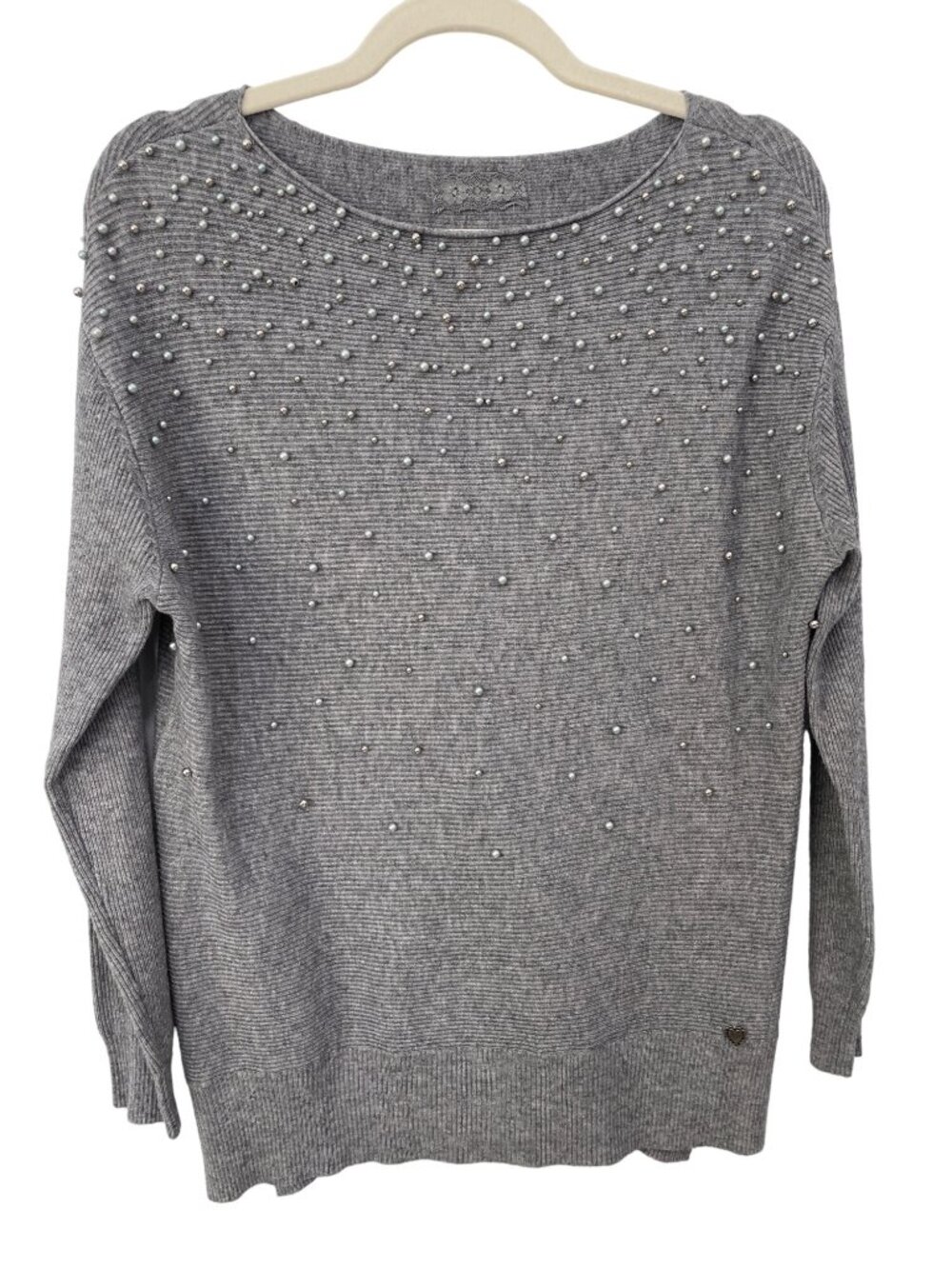 Alea Sweater Large Pearl Embellished Pullover Gray Ribbed Knit Viscose Boatneck
